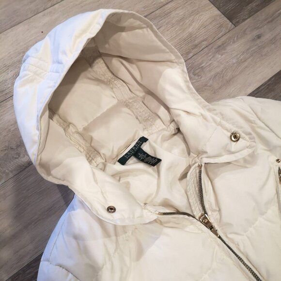 Lauren Ralph Lauren Women's Hooded Puffer Belted Down Jacket Coat Cream Sz Small - Picture 9 of 16